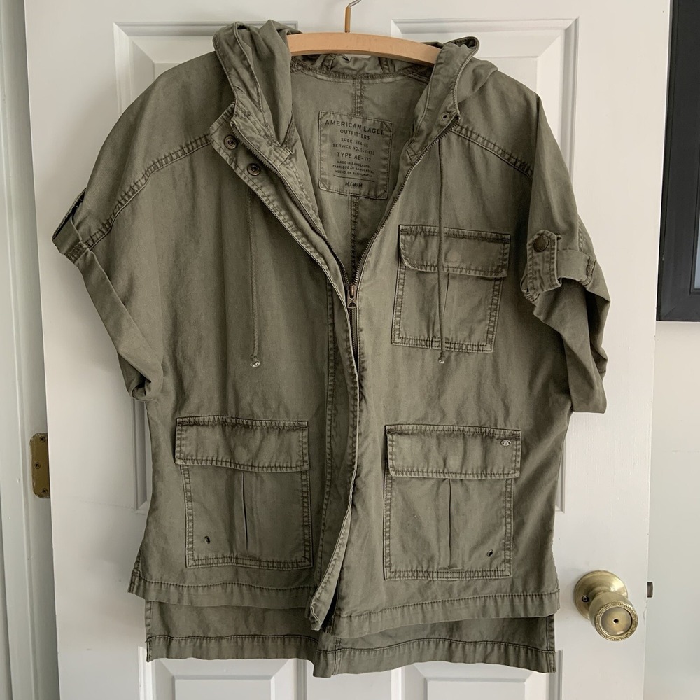 American Eagle Short Sleeve Cargo Military Style Hoodie Field Jacket Green sz M